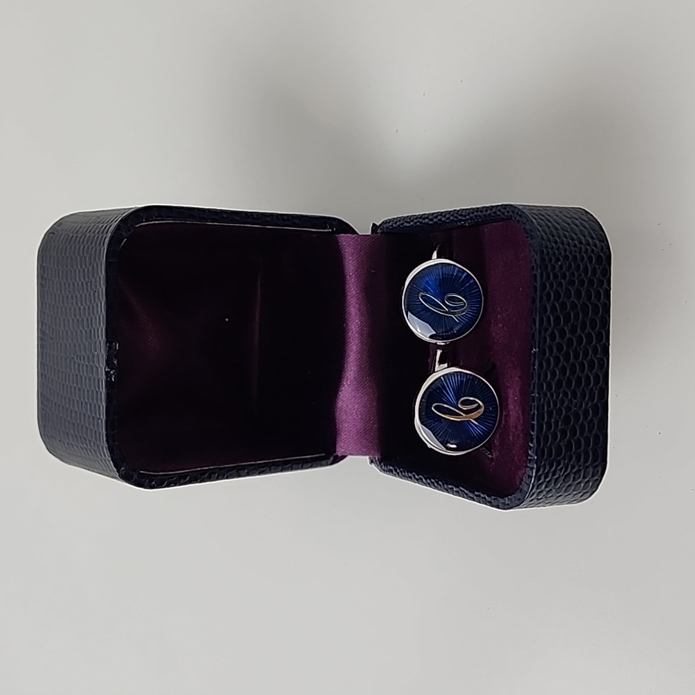 HJ Men's Rhodium Plated 'C' Cufflinks Silver Blue